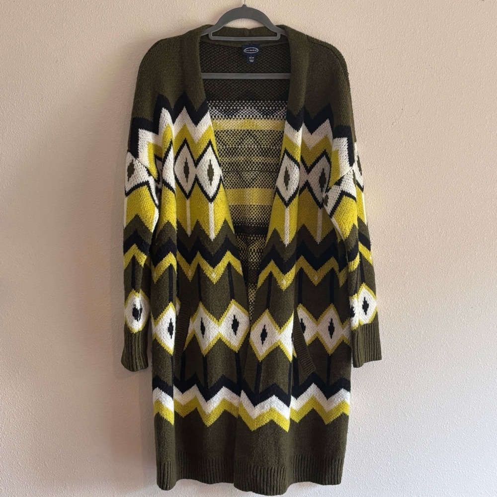 Scoop Women's Geometric Olive and Yellow Cardigan Long Size Large Sweater